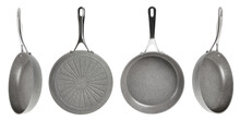 Big Set Of Frying Pans With Non-stick Coating On A White Isolated Background. New Gray Frying Pans, Clipart For Inserting Into A Design Or Project. Overlay For Kitchen Theme. Different Angle