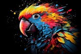 Cute adorable gentle parrot  animal. Black background, colorful animal paintings, t-shirt print patterns, textures. Generative AI