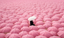 A Woman In Black Carries A White Umbrella In A Crowd Of Pink Umbrellas, Creative Aesthetic Concept, Standing Out In The Crowd, Being Unique And Your Own.