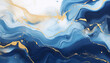 Marble ink painting texture on a luxury background banner  - Blue waves, swirls, gold painted splashes, 3d lines. AI generated.