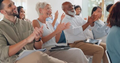 Canvas Print - Clapping, audience and people in business meeting, workshop or seminar for staff success, thank you and smile, Applause, celebration and diversity support of crowd or professional corporate employees