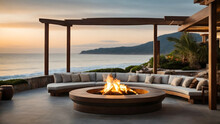 A Luxurious Beachfront Patio With A Sunken Lounge Area, Fire Pit, And A Breathtaking Ocean View.
