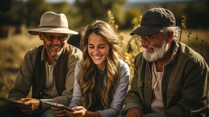 AI generated illustration of two elderly men and a young female looking and smiling at tablet screen