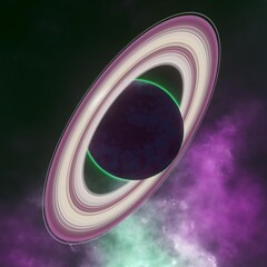 Wall Mural - Planet with a system of rings in the background of the deep space nebula. Science fiction.