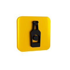 Poster - Black Beer bottle icon isolated on transparent background. Yellow square button.