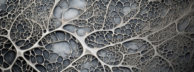 Microscopic view of intricate silver structure.