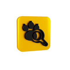 Sticker - Black Paw search icon isolated on transparent background. Magnifying glass with animal footprints. Yellow square button.