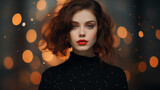 Kobieta pewna siebie - portret w blasku świateł. Bokeh. Emocje na twarzy.