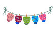 Dry winter hats. Children hats drying on sun. Hats attached with clothespins to cord. Vector illustration