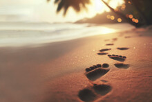Footprints In The Sand With A Blurred Bokeh Background Of Tropical Surroundings. Ai Generative