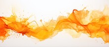 The Texture Of White Watercolor Paper Is Adorned With The Natural Organic Shapes And Design Created By The Leakage And Splashing Of Orange Wet Abstract Paint