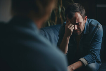 Wall Mural - Seated across a therapist, a man grapples with his emotions, delving deep into his psyche, seeking understanding and guidance