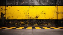Warning Danger Background With Yellow And Black Stripes Painted Over Yellow Concrete Wall Facade Texture And Empty Space For Text Message In The Middle. Concept Image For Caution, Danger And Hazard.