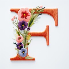 The letter f is decorated with flowers and leaves. Embroidery effect, floral design.