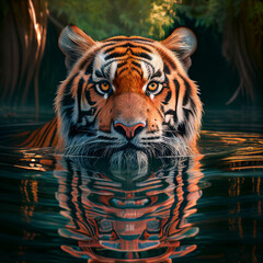 Canvas Print - AI generated illustration of a majestic Bengal tiger's head looking into a still body of water