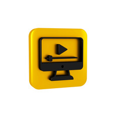 Poster - Black Online play video icon isolated on transparent background. Film strip with play sign. Yellow square button.