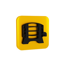 Poster - Black Wooden barrel on rack with stopcock icon isolated on transparent background. Yellow square button.