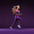 © AI Factory - Dynamic Fitness Enthusiast in Purple Activewear Running on a Purple Background
