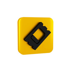 Wall Mural - Black Circus ticket icon isolated on transparent background. Amusement park. Yellow square button.