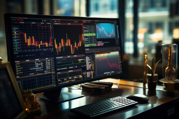 Poster - An investment strategy is meticulously crafted by a financial trade manager who delves into stock market indicators, charts, and financial data. Generative Ai.