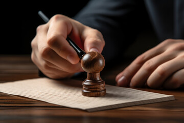 Wall Mural - A businessman's hand uses a wooden stamp to approve and reject documents, symbolizing the document approval and rejection process. Generative Ai.