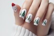 Female hand with Christmas manicure, green Christmas trees. Generative AI