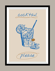 Wall Mural - Cocktail hand drawn vector illustration in a poster frame. Art for poster design, postcards, branding, logo design, background.