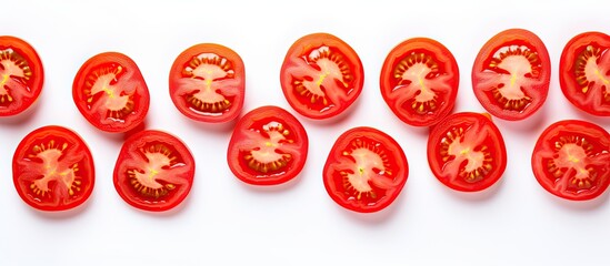 Top view of isolated fresh tomato slices on a white background