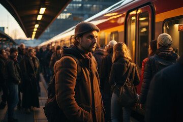 Wall Mural - A crowded train station with commuters from different backgrounds, symbolizing the daily rhythms of international migration in urban areas. Generative Ai.