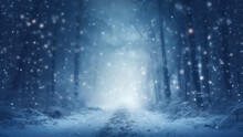 Snowfall In A Serene Winter Forest With Tall, Shadowy Trees Along A Path Covered With Snow