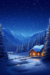 Winter night landscape illustration, cozy wooden cabin surrounded by snow covered pine trees