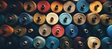Fototapeta  -  Pile of big colorful spools of  polyester threads for sewing on coils and embroidery machine, textiles, background. 
