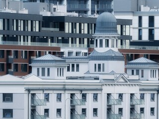 Wall Mural - Historic renovated building with tower Warehouse number 7 and modern architecture in the background, Bratislava, Slovakia