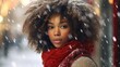 A young Black woman in winter attire gazes forward amidst a snowy backdrop, capturing a holiday vibe.  Suitable for winter-themed advertisements, diversity inclusion, or seasonal editorial content.