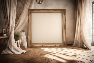 A Canvas Frame for a mockup illuminated by the soft, diffused light from lace curtains, emphasizing the textures of a distressed wooden floor in an old styled dining room