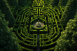 Aerial view of green garden like hedge maze, labyrinth of trimmed bushes in summer. Geometric pattern of plants in park. Concept of nature and fantasy.