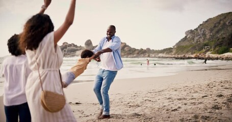 Poster - Playing, happy family on beach together for holiday and bonding on outdoor tropical adventure. Nature, summer vacation and excited mother, father and children at ocean to relax, smile and playful fun