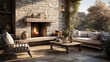 an outdoor patio with a wooden deck and a stone fireplace and a seating area
