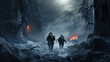 Action battle army soldier in winter . Great explosion with fire and smoke billows on the snow. AI generative