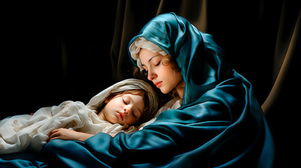 Wall Mural - A mother with her child, in the style of a Christmas card