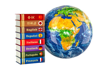 Poster - textbooks or dictionaries with earth globe. global language learning, 3d rendering isolated on trans