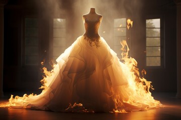 Wall Mural - Burning wedding dress in the flames of the fire. Background with selective focus and copy space