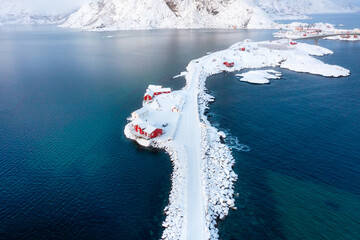 Wall Mural - aerial view on the lofoten islands, norway. landscape in winter time during day time. view from dron