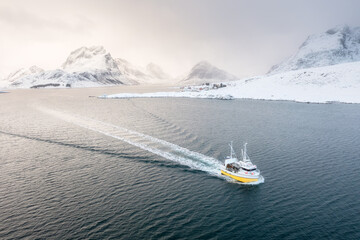 Wall Mural - fishing boat in the fjord. aerial view of lofoten islands, norway. industrial fishing. view from a d