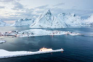 Wall Mural - aerial view on the lofoten islands, norway. landscape in winter time during day time. view from dron