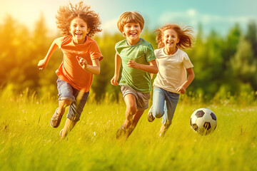 Wall Mural - Happy children playing football in the meadow.