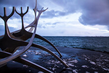 Sun Voyager Viking Ship Stands On The Seashore In Wonderful Rainy Day