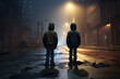 Two homeless kids in the street, foggy cold weather