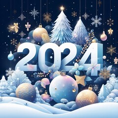 Happy New Year banner and christmas ,  2024 number creative style  Christmas tree, ball, snow  created with generative ai