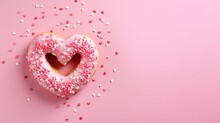 Donut With Sprinkles Shape Of Heart ,Valentines Day ,copyspace Text, Background With Print Space Text, Generative Ai 